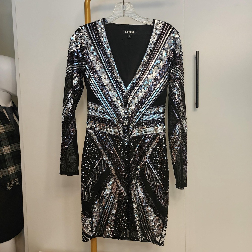 S Metallic Sequined Art Deco Geometric Express Mini Dress, Size Small